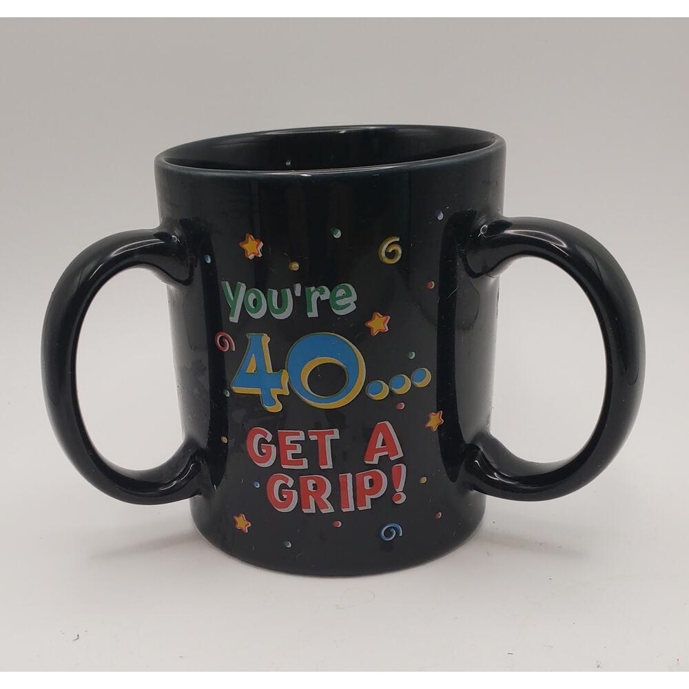 Vintage Novelty "You're 40... Get A Grip!" Triple-Handle Black Ceramic Mug